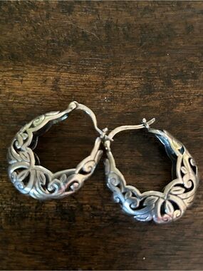 .925 Sterling Silver Filigree Hoop Earrings - Silver